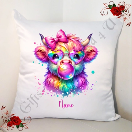 Personalised 18" White Cushion - Highland Cow - Name - D.1