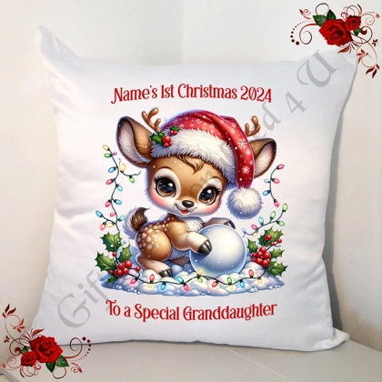 Personalised White 18" Cushion - Any Relation - Name's 1st Christmas - Reindeer - Design 2