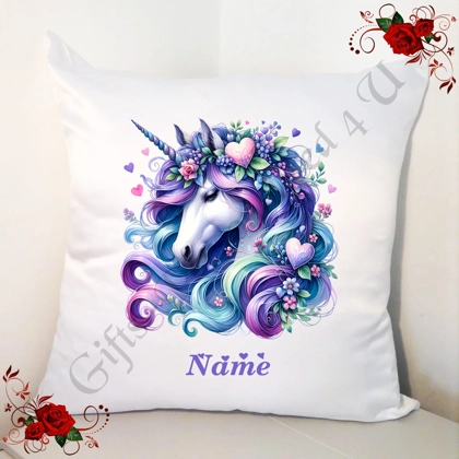 Personalised 18" White Cushion - Unicorn & Hearts - Name - Design 2