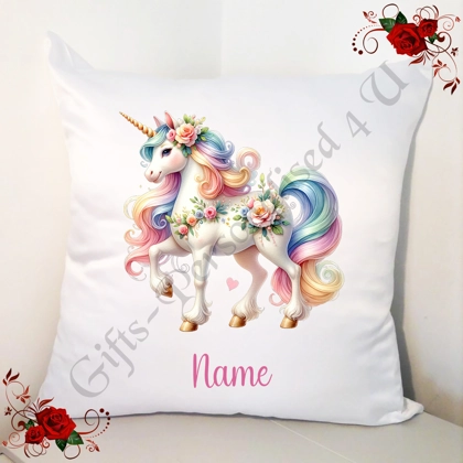 Personalised 18" White Cushion - Watercolour Unicorn - Name - Design 2 Personalised 18" White Cushion - Watercolour Unicorn - Name - Design 2