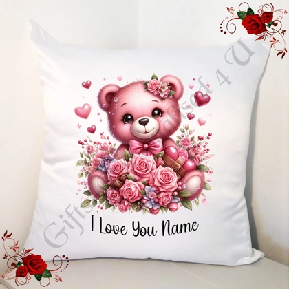 Personalised 18" White Cushion - Valentine's Day - Cute Bear & Hearts - Name - Design 2
