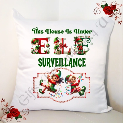 Designed 18" White Cushion - Christmas - Elf Surveillance - D.2 Designed 18" White Cushion - Christmas - Elf Surveillance - D.2