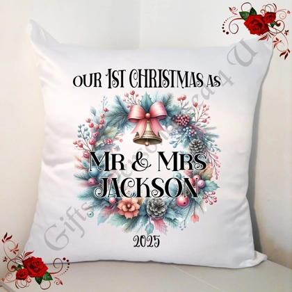 Personalised 18" White Cushion - Our 1st Christmas Married - Mr & Mrs / Mrs & Mrs / Mr & Mr - D.2