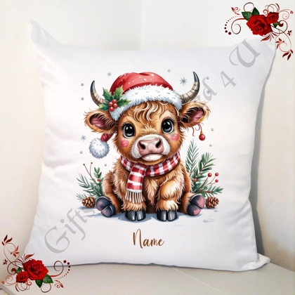 Personalised 18" White Cushion - Christmas - Highland Cow - Name - D.2