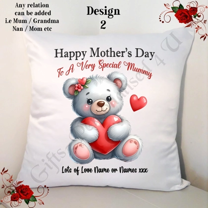Personalised 18" Cushion Happy Mother's Day - Grey Bears - Mum Nan Grandma etc - D.2