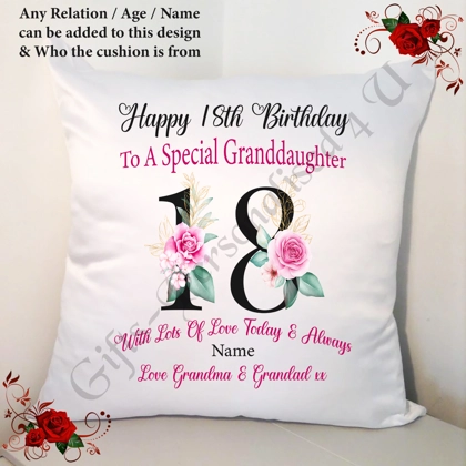 Personalised 18″ Cushion – Happy Birthday - 18th 21st etc - Any Relation / Name / Age – D.3 Personalised 18″ Cushion – Happy Birthday - 18th 21st etc - Any Relation / Name / Age – D.3