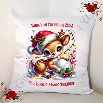 Personalised White 18" Cushion - Any Relation - Name's 1st Christmas - Reindeer - Design 3