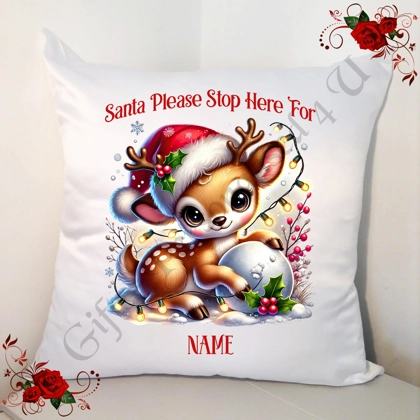 Personalised White 18" Cushion - Santa Please Stop Here For Name - Cute Reindeer - Design 3