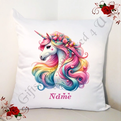 Personalised 18" White Cushion - Unicorn & Hearts - Name - Design 3
