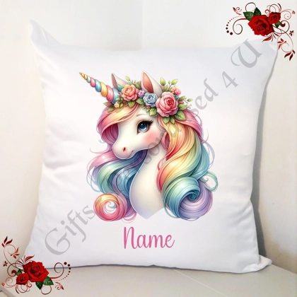 Personalised 18" White Cushion - Watercolour Unicorn - Name - Design 3 Personalised 18" White Cushion - Watercolour Unicorn - Name - Design 3