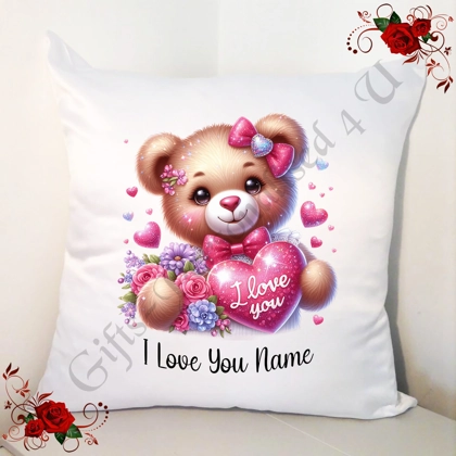 Personalised 18" White Cushion - Valentine's Day - Cute Bear & Hearts - Name - Design 3