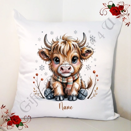 Personalised 18" White Cushion - Christmas - Highland Cow - Name - D.3
