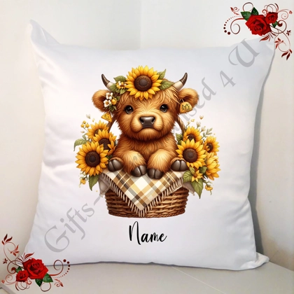 Personalised 18" White Cushion - Highland Cow - Name - D.3