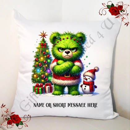 Personalised White 18" Cushion - Grumpy Bear - Christmas - Name or Short Message - Design 4