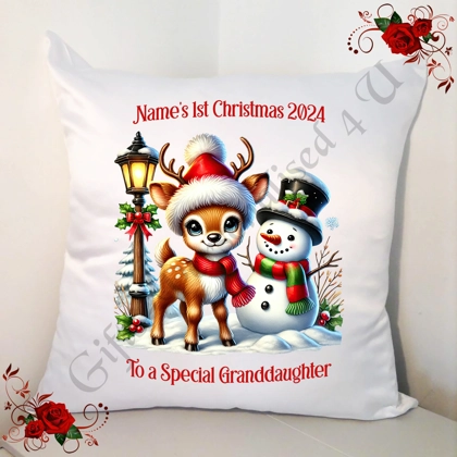 Personalised White 18" Cushion - Any Relation - Name's 1st Christmas - Reindeer - Design 4