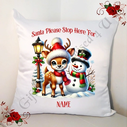 Personalised White 18" Cushion - Santa Please Stop Here For Name - Cute Reindeer - Design 4