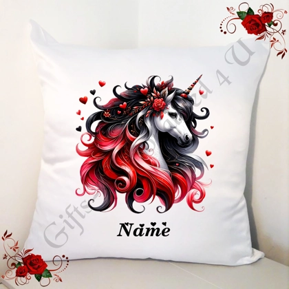 Personalised 18" White Cushion - Unicorn & Hearts - Name - Design 4