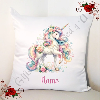 Personalised 18" White Cushion - Watercolour Unicorn - Name - Design 4 Personalised 18" White Cushion - Watercolour Unicorn - Name - Design 4