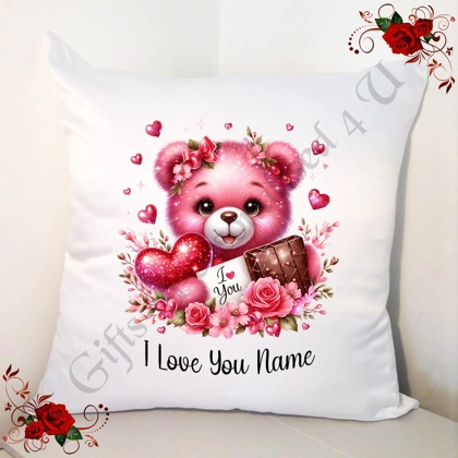 Personalised 18" White Cushion - Valentine's Day - Cute Bear & Hearts - Name - Design 4