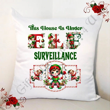 Designed 18" White Cushion - Christmas - Elf Surveillance - D.4