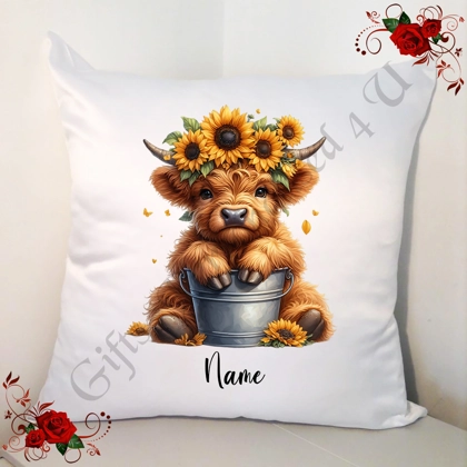 Personalised 18" White Cushion - Highland Cow - Name - D.4