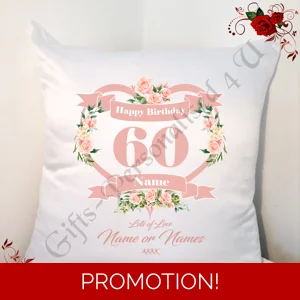 Personalised 18″ Cushion – Happy Birthday Age 30 40 50 60 70 80 90 etc – Name – Design 56