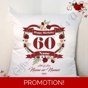 Personalised 18″ Cushion – Happy Birthday Age 30 40 50 60 70 80 90 etc – Name – Design 57