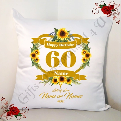 Personalised 18″ Cushion – Happy Birthday Age 30 40 50 60 70 80 90 etc – Name – Design 58
