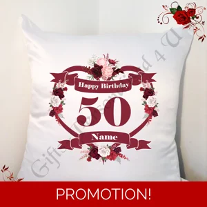 Personalised 18″ Cushion – Happy Birthday Age 30 40 50 60 70 80 90 etc – Name – Design 59