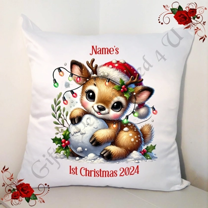 Personalised White 18" Cushion - Name's 1st Christmas - Reindeer - Design 5