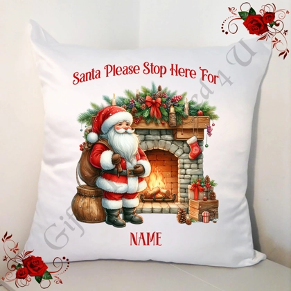 Personalised White 18" Cushion - Santa Please Stop Here For Name - Cute Reindeer - Design 5
