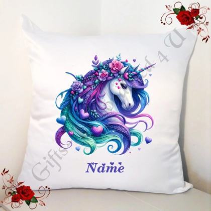 Personalised 18" White Cushion - Unicorn & Hearts - Name - Design 5