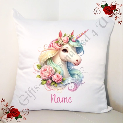 Personalised 18" White Cushion - Watercolour Unicorn - Name - Design 5 Personalised 18" White Cushion - Watercolour Unicorn - Name - Design 5