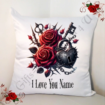 Personalised 18" White Cushion - Valentine's Day - Gothic Roses - Name - Design 5