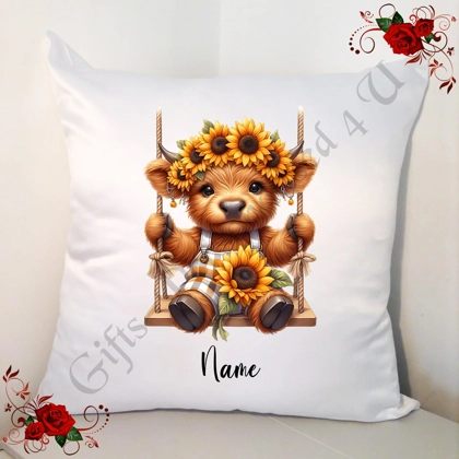Personalised 18" White Cushion - Highland Cow - Name - D.5