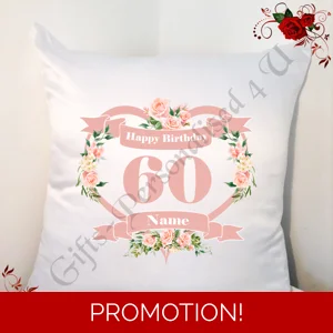 Personalised 18″ Cushion – Happy Birthday Age 30 40 50 60 70 80 90 etc – Name – Design 60
