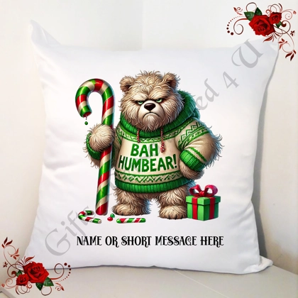Personalised White 18" Cushion - Grumpy Bear - Christmas - Name or Short Message - Design 6