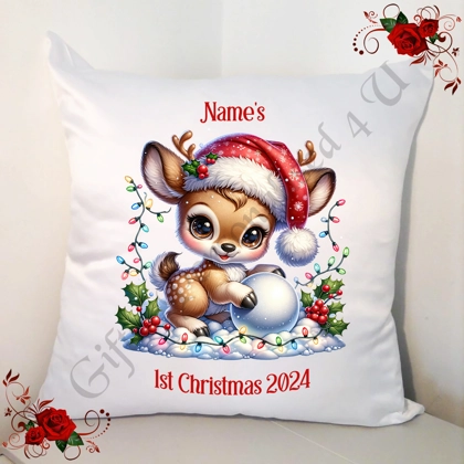 Personalised White 18" Cushion - Name's 1st Christmas - Reindeer - Design 6
