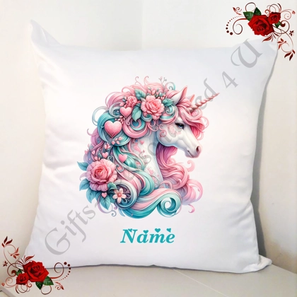 Personalised 18" White Cushion - Unicorn & Hearts - Name - Design 6