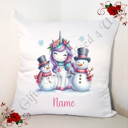 Personalised 18" White Cushion - Christmas - Unicorn - Name - Design 6