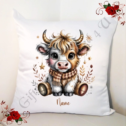 Personalised 18" White Cushion - Christmas - Highland Cow - Name - D.6