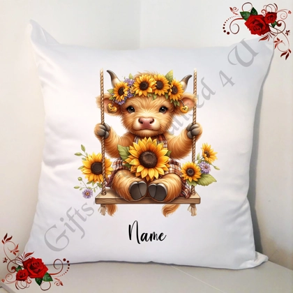 Personalised 18" White Cushion - Highland Cow - Name - D.6