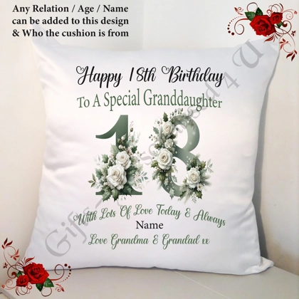Personalised 18″ Cushion – Happy Birthday - 18th 21st etc - Any Relation / Name / Age – D.7 Personalised 18″ Cushion – Happy Birthday - 18th 21st etc - Any Relation / Name / Age – D.7