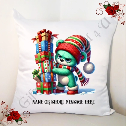 Personalised White 18" Cushion - Grumpy Bear - Christmas - Name or Short Message - Design 7