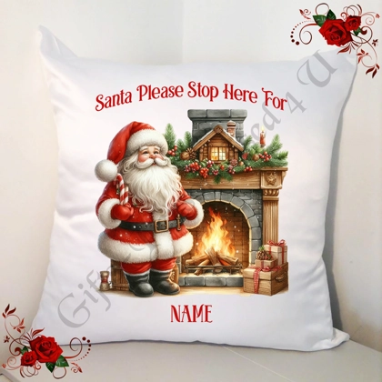 Personalised White 18" Cushion - Santa Please Stop Here For Name - Cute Reindeer - Design 7