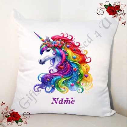 Personalised 18" White Cushion - Unicorn & Hearts - Name - Design 7