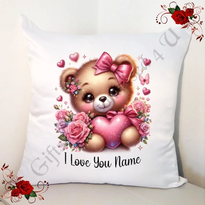Personalised 18" White Cushion - Valentine's Day - Cute Bear & Hearts - Name - Design 7