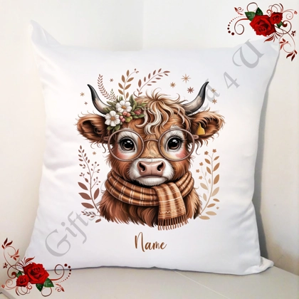 Personalised 18" White Cushion - Christmas - Highland Cow - Name - D.7