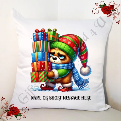 Personalised White 18" Cushion - Grumpy Bear - Christmas - Name or Short Message - Design 8