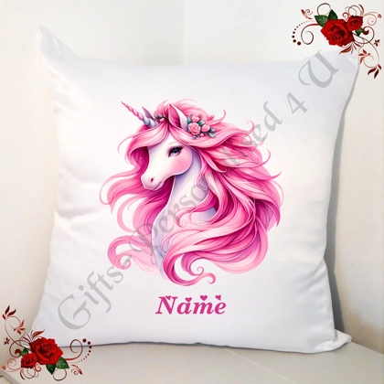 Personalised 18" White Cushion - Unicorn & Hearts - Name - Design 8